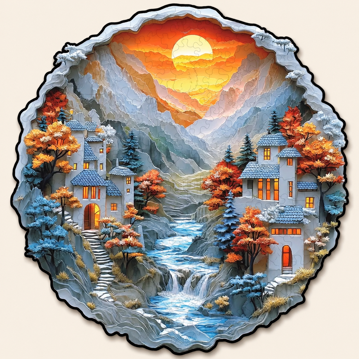 Sunset Mountain Cottages Wooden Jigsaw Puzzle with 3D Visual Effect