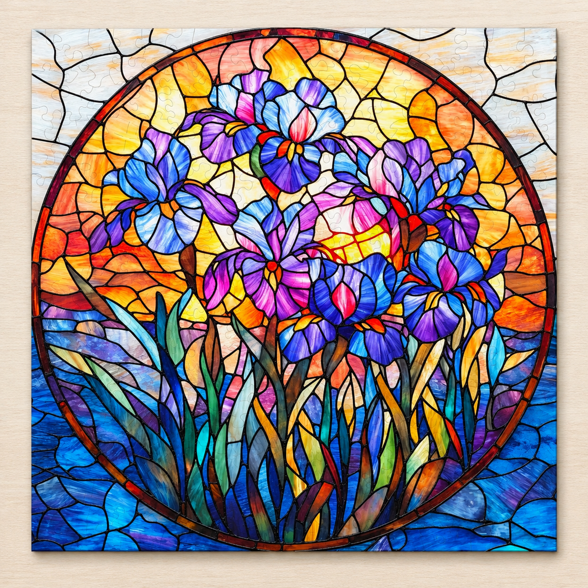 Twilight Iris Wooden Jigsaw Puzzle – Colorful Stained Glass Style Floral Art