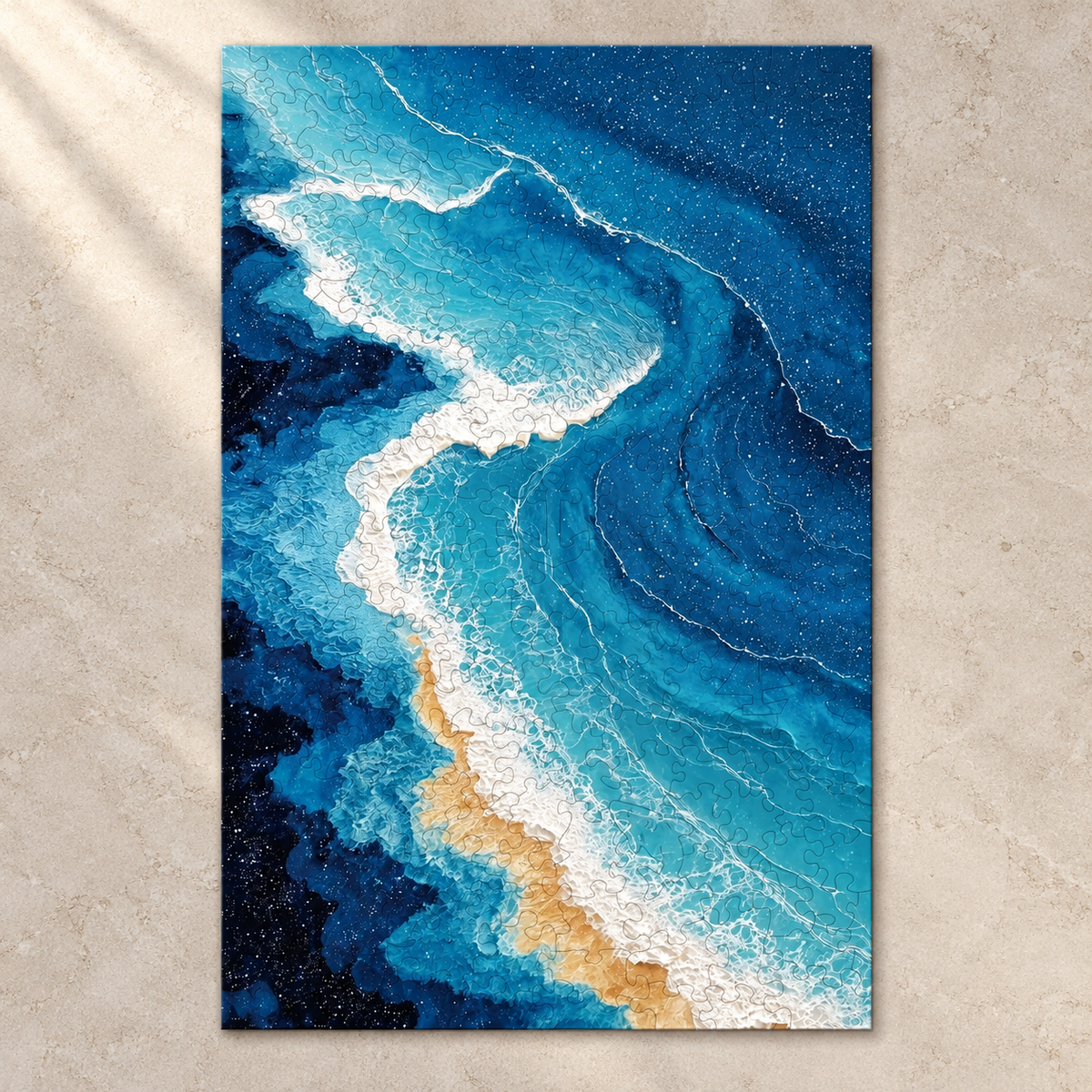 Azure Tide Wooden Jigsaw Puzzle – Abstract Ocean Waves & Golden Shore Art
