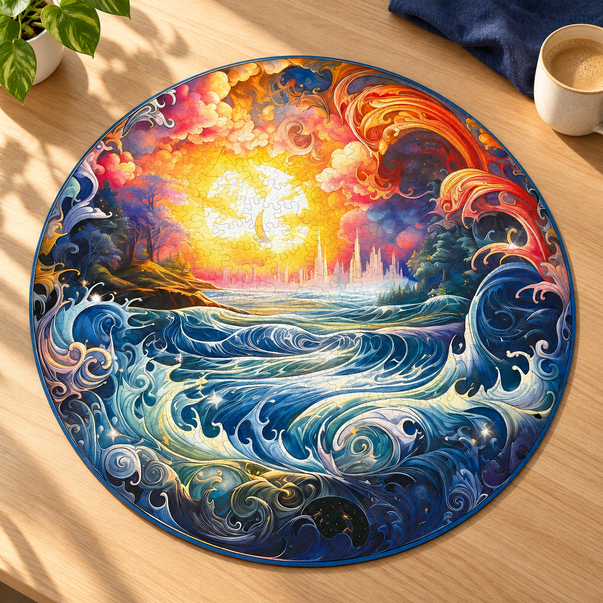 Golden Horizon Wooden Jigsaw Puzzle – Swirling Ocean Waves & Sunset Art