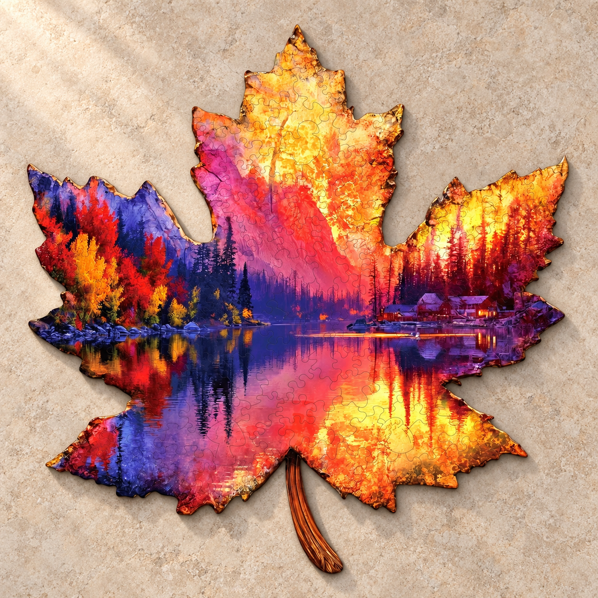 Amber Lake Retreat Wooden Jigsaw Puzzle – Maple Leaf Forest & Cabin Reflection