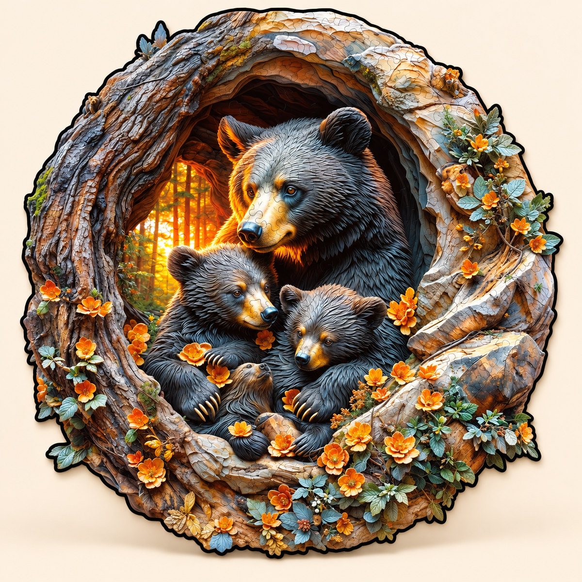 Bear Family in a Tree Hollow Wooden Jigsaw Puzzle with 3D Visual Effect