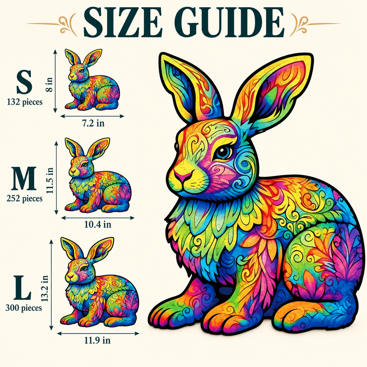 Rainbow Blossom Rabbit Wooden Jigsaw Puzzle – Colorful Bunny Art
