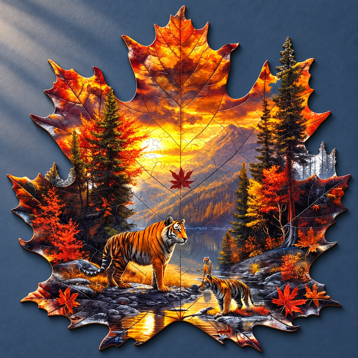 Autumn Tiger Haven Wooden Jigsaw Puzzle – Maple Leaf Shaped Wildlife Art