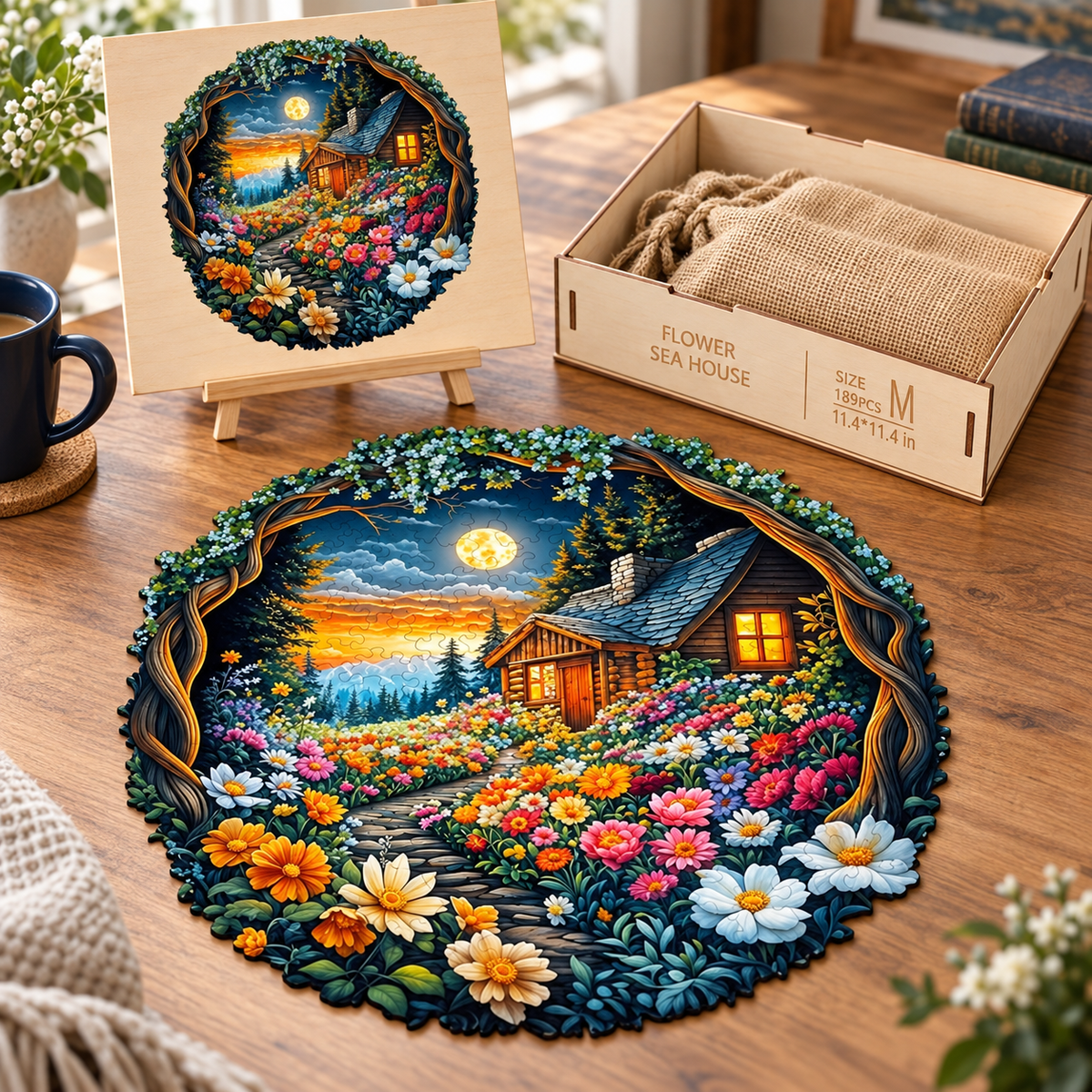 Moonlit Wildflower Cottage Wooden Jigsaw Puzzle – Forest Cabin & Garden Art