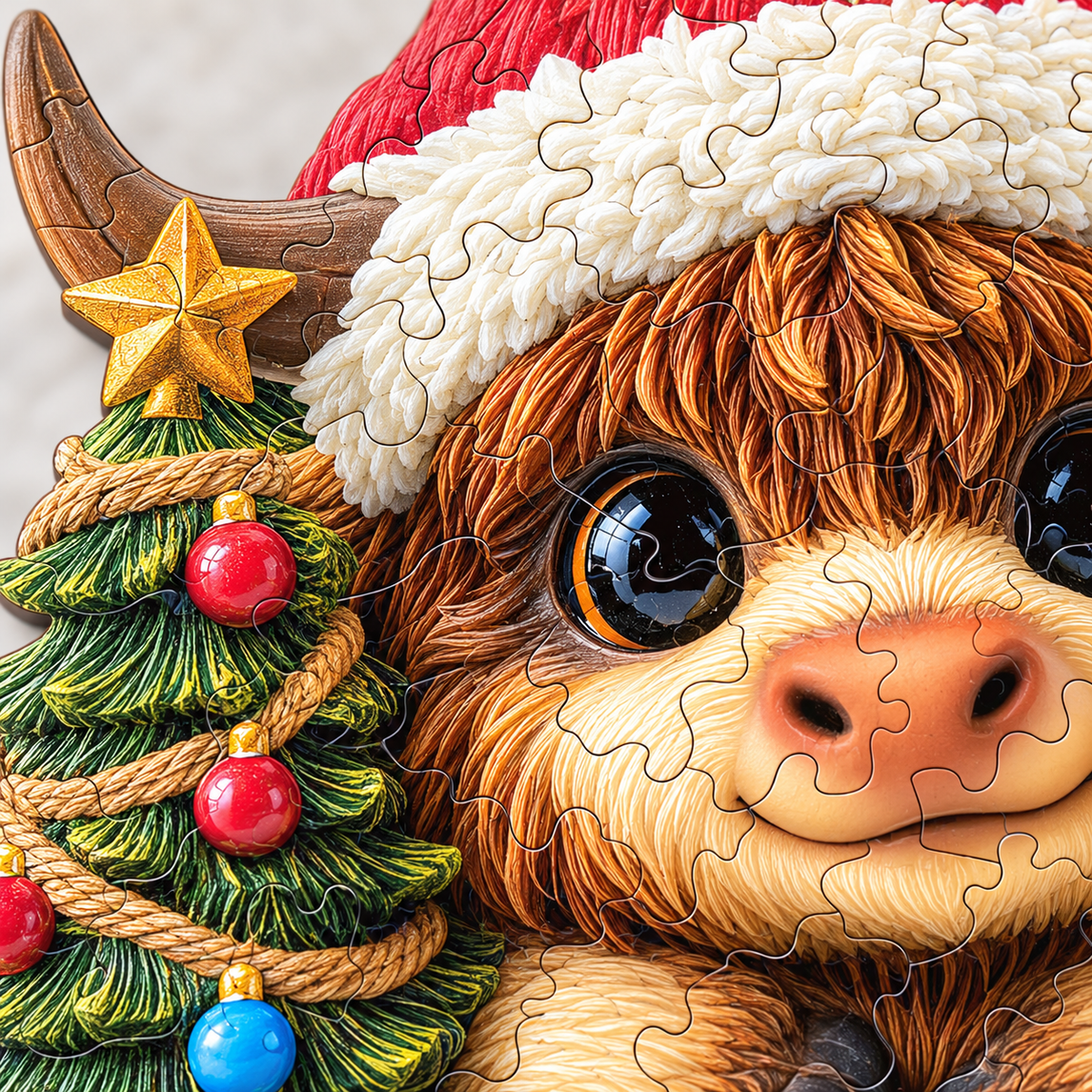 Merry Little Highland Cow Wooden Jigsaw Puzzle – Santa Hat & Christmas Tree