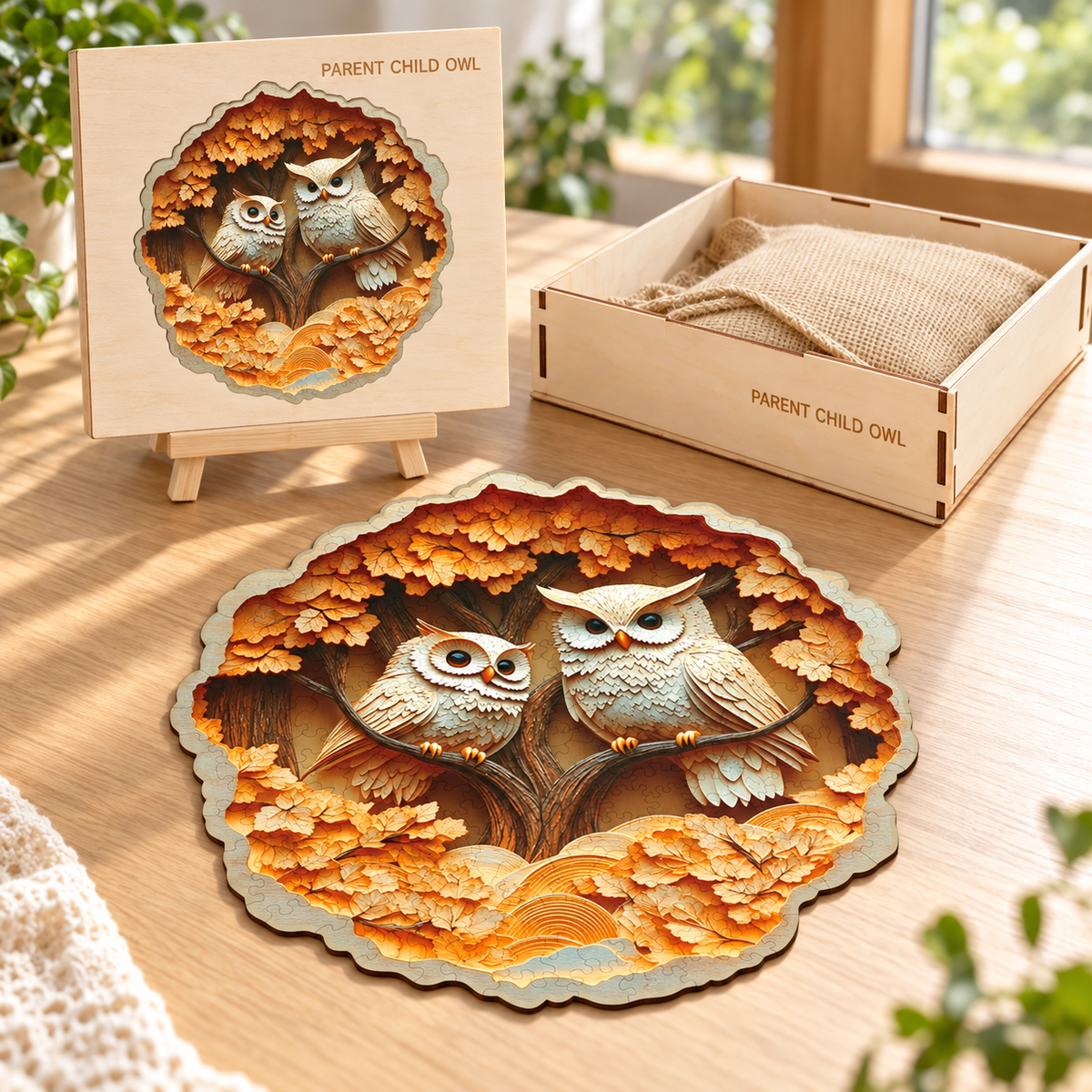 Autumn Owl Companions Wooden Jigsaw Puzzle – Parent & Owlet Woodland Art