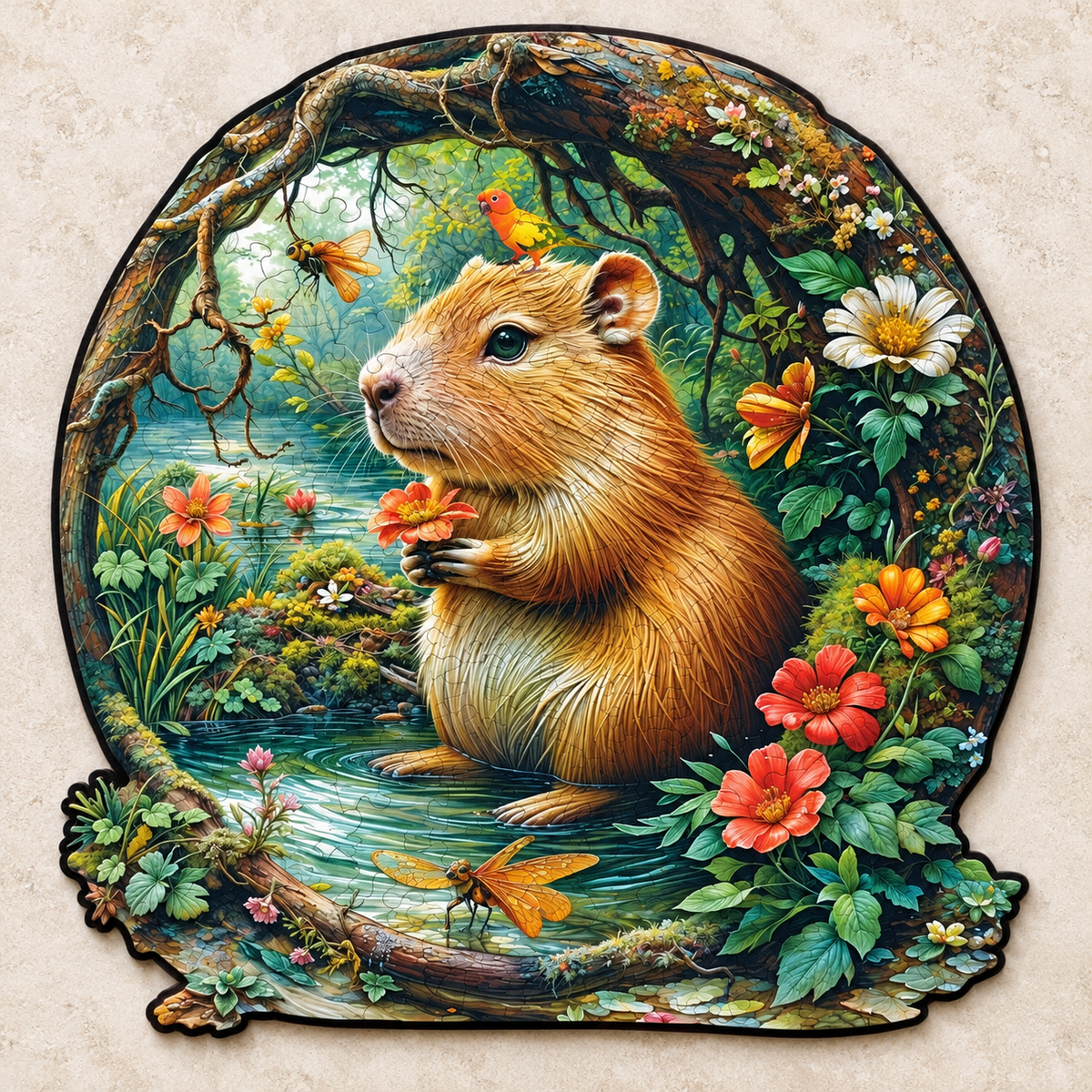 Capybara Woodland Pond Wooden Jigsaw Puzzle – Flowers & Forest Friends
