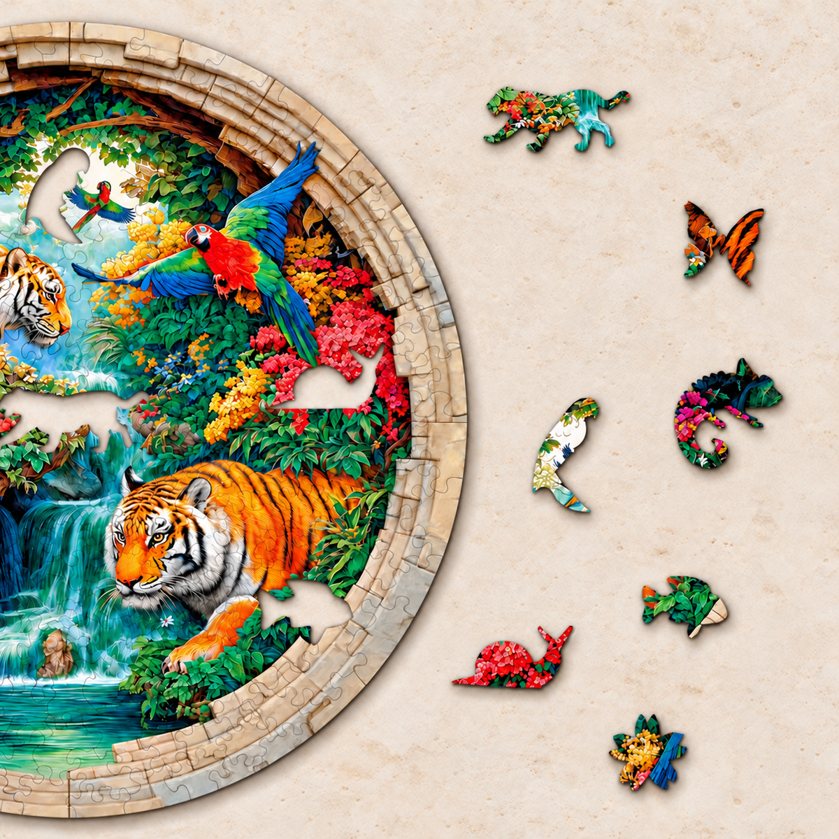 Hidden Jungle Falls Wooden Jigsaw Puzzle – Tigers & Tropical Parrots