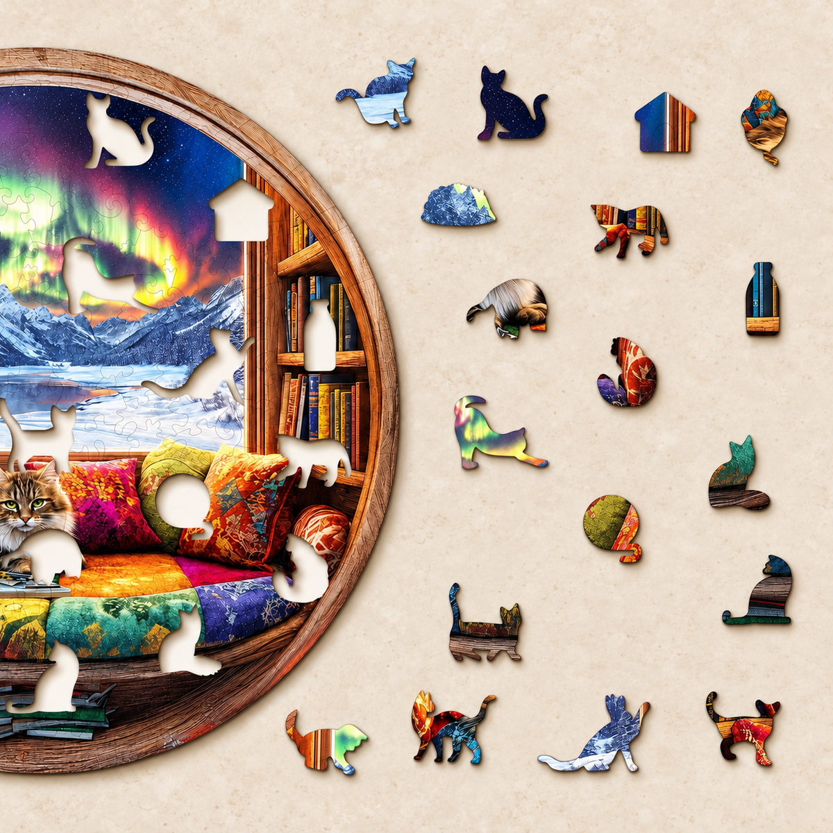Aurora Reading Nook Wooden Jigsaw Puzzle – Cozy Cat & Bookshelf Scene