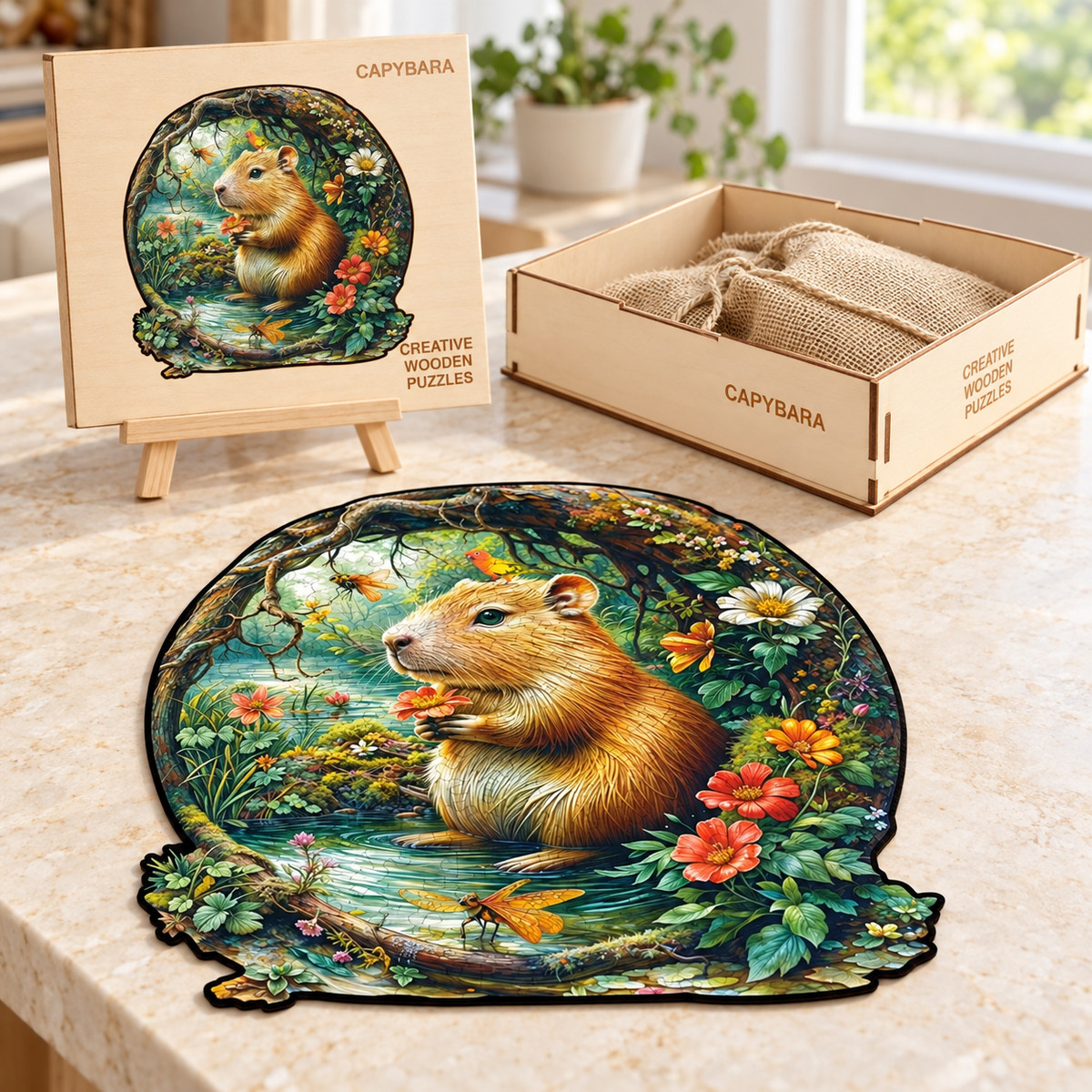 Capybara Woodland Pond Wooden Jigsaw Puzzle – Flowers & Forest Friends