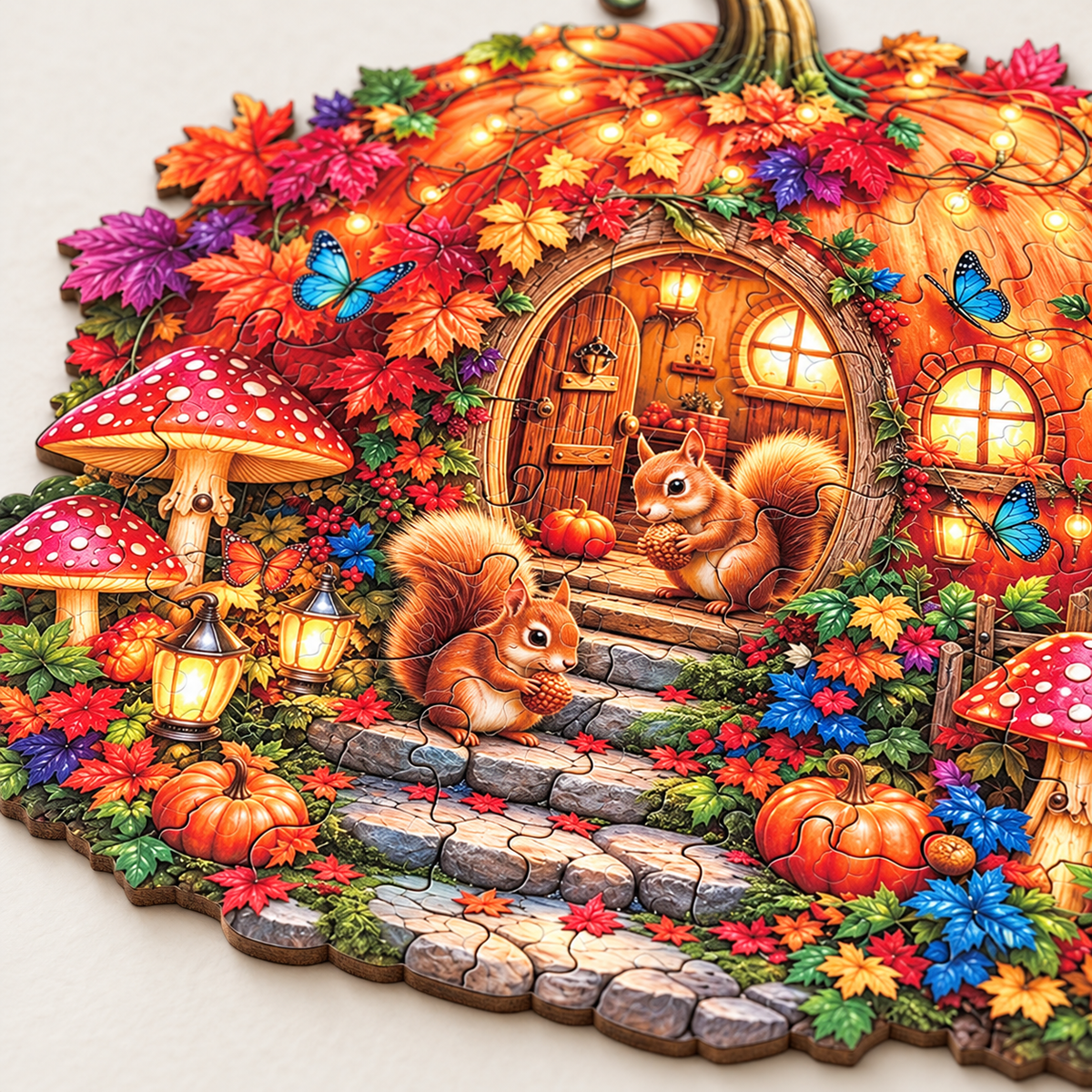 Autumn Squirrel Hideaway Wooden Jigsaw Puzzle – Enchanted Pumpkin Cottage