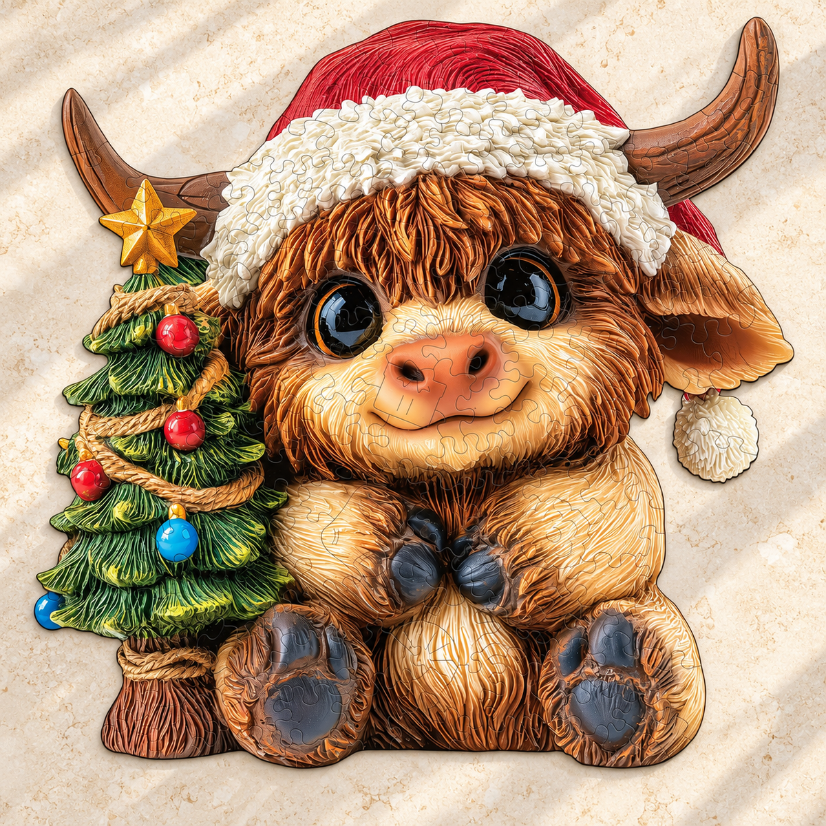 Merry Little Highland Cow Wooden Jigsaw Puzzle – Santa Hat & Christmas Tree