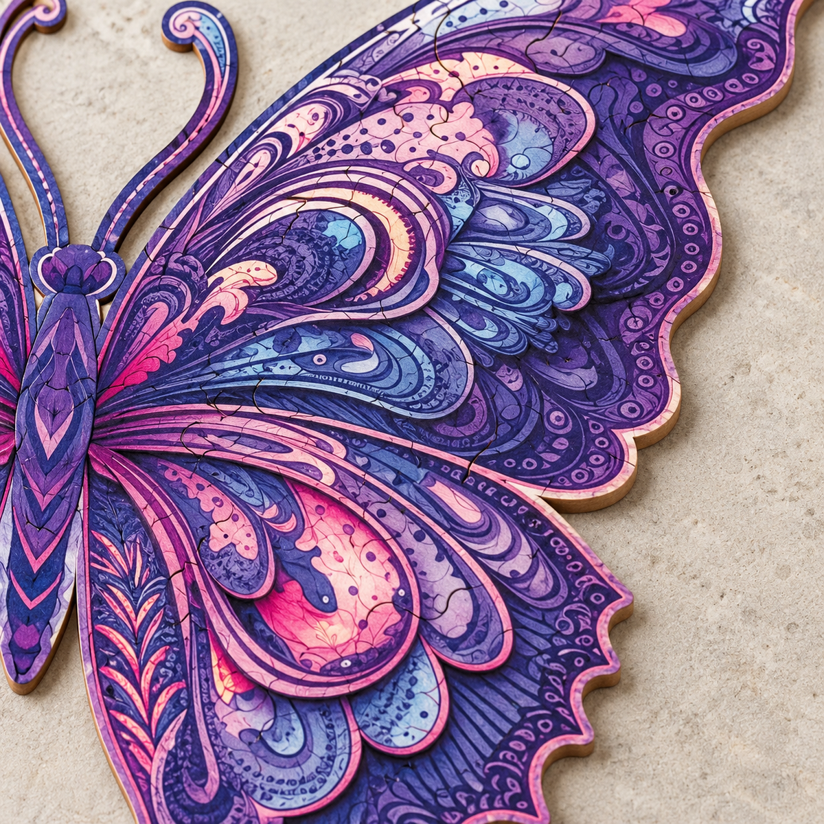 Violet Reverie Wooden Jigsaw Puzzle – Ornate Butterfly & Paisley Wing Art