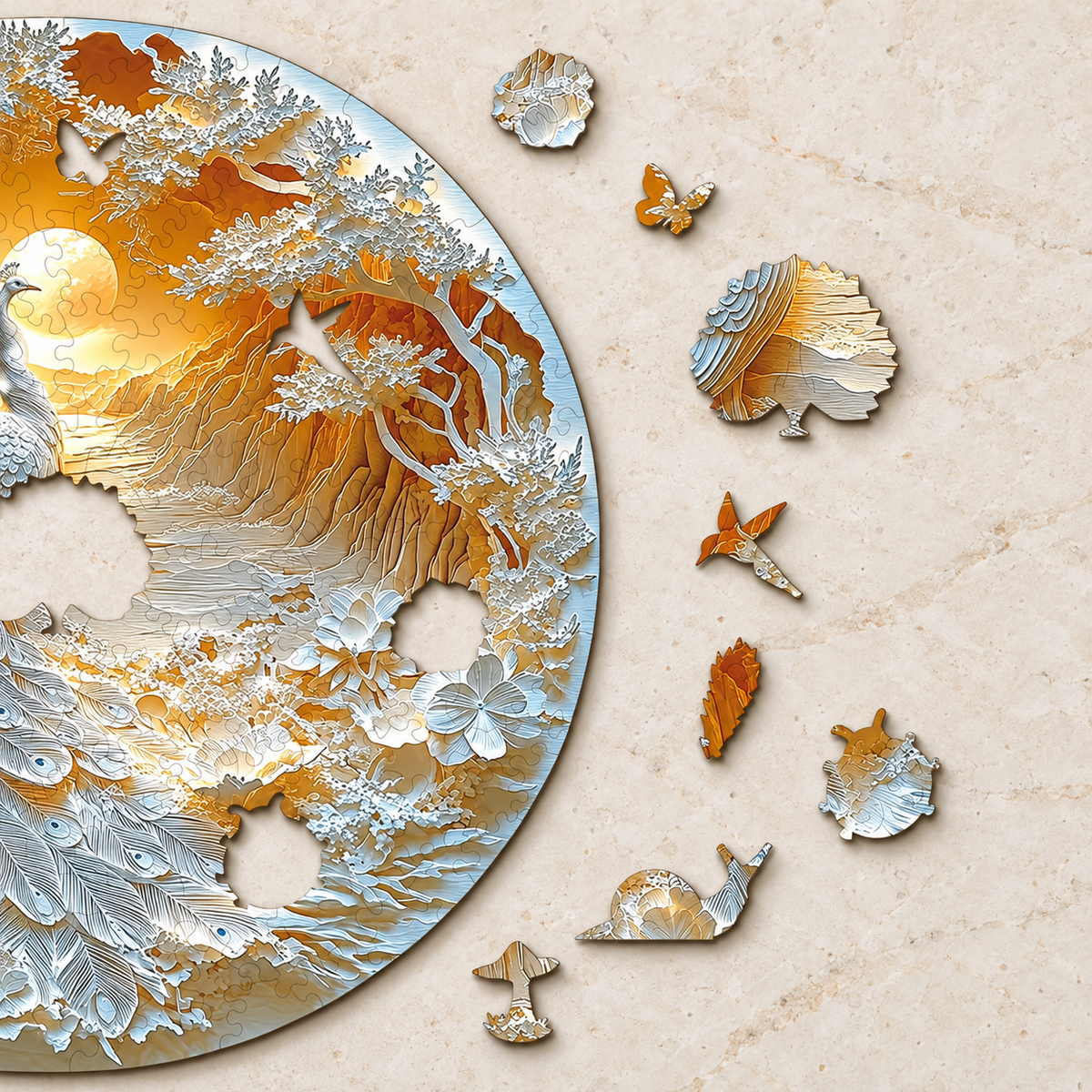 Golden Dawn Peacock Wooden Jigsaw Puzzle – White Feather & Floral Landscape Art