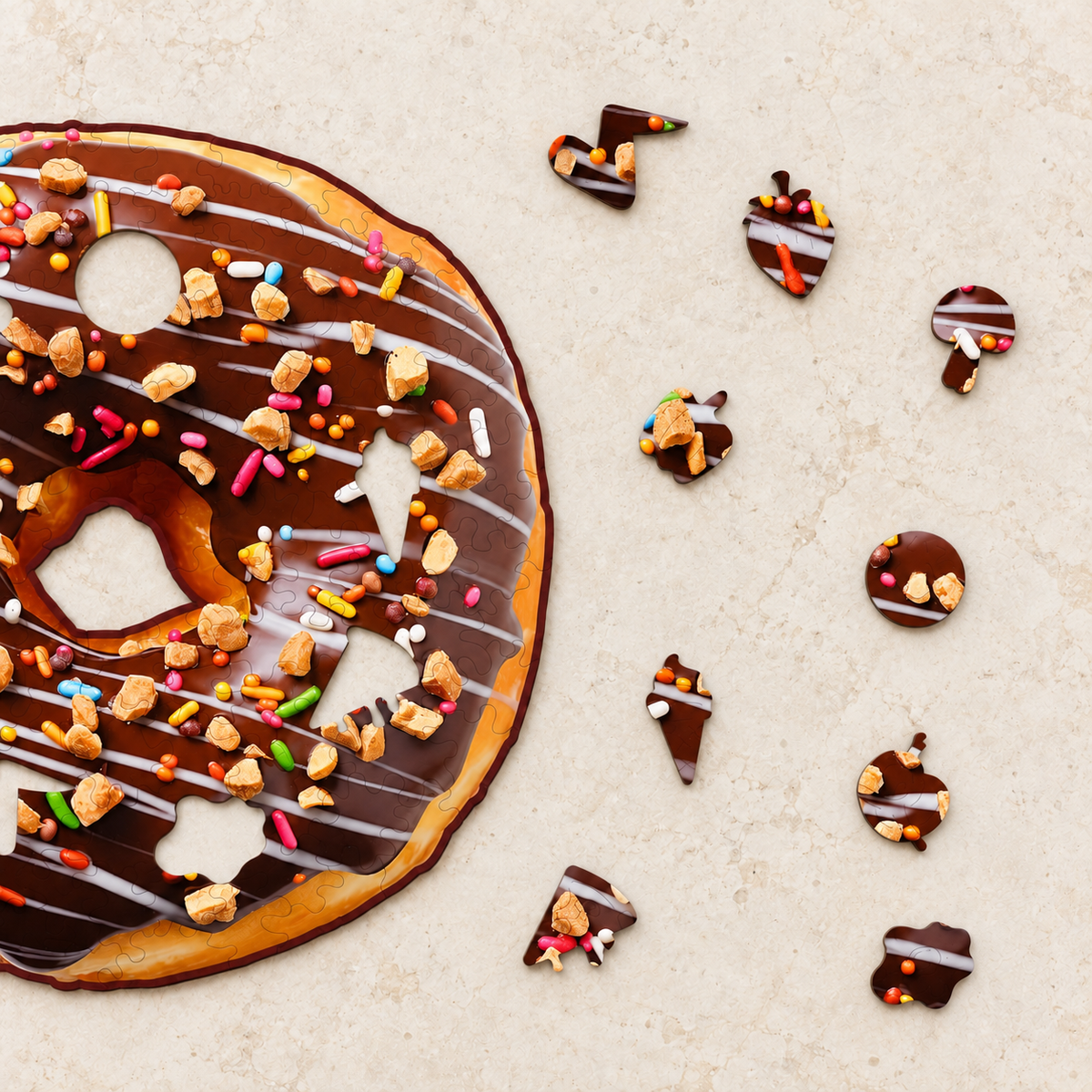 Chocolate Sprinkle Delight Wooden Jigsaw Puzzle – Donut Shaped Food Art