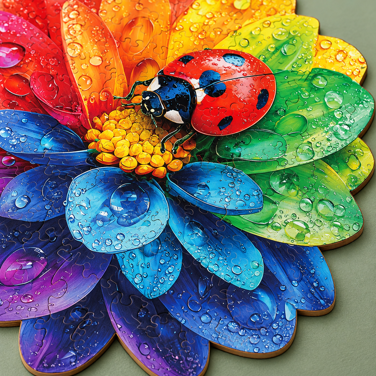 Dewdrop Rainbow Flower Wooden Jigsaw Puzzle – Colorful Ladybug Garden Art