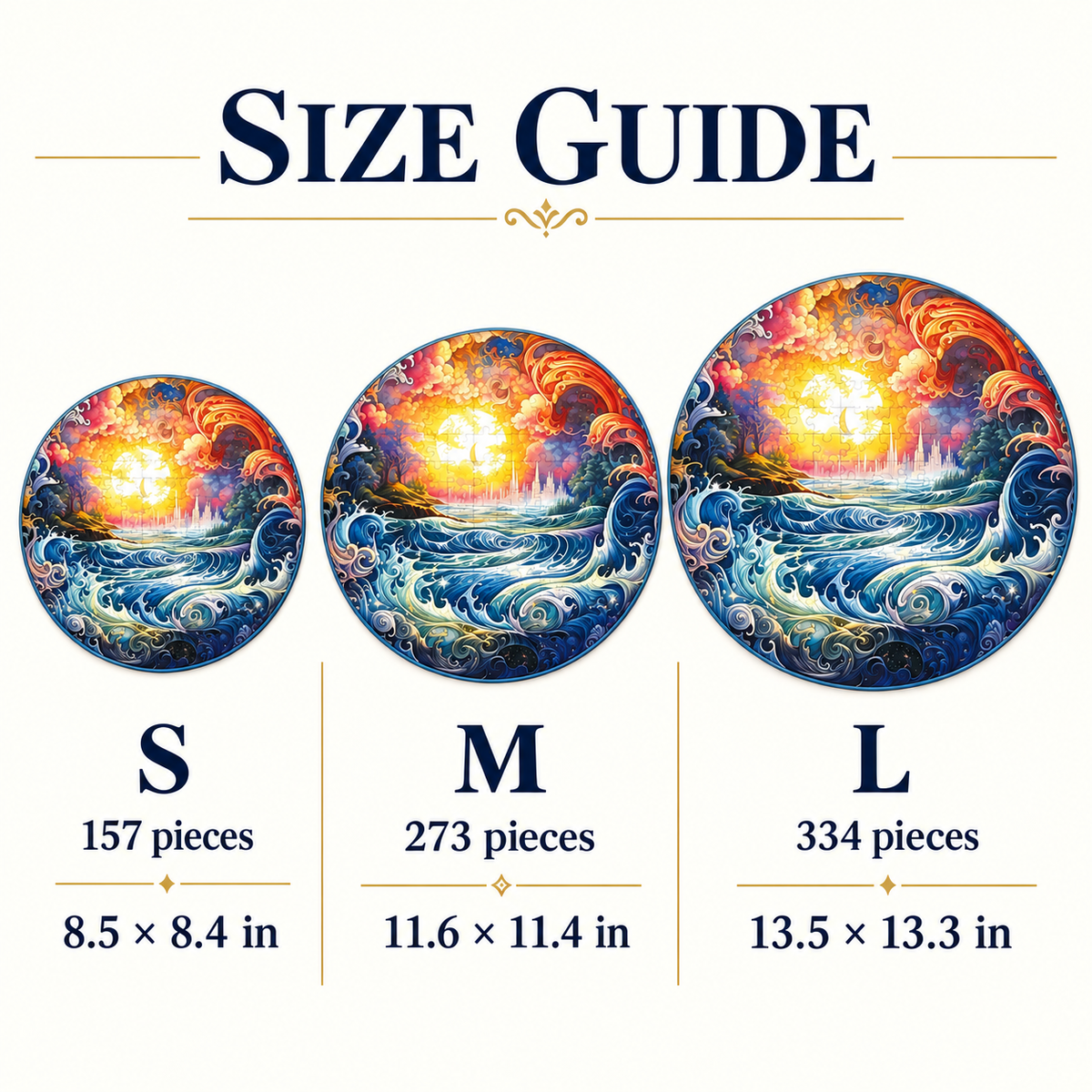Golden Horizon Wooden Jigsaw Puzzle – Swirling Ocean Waves & Sunset Art