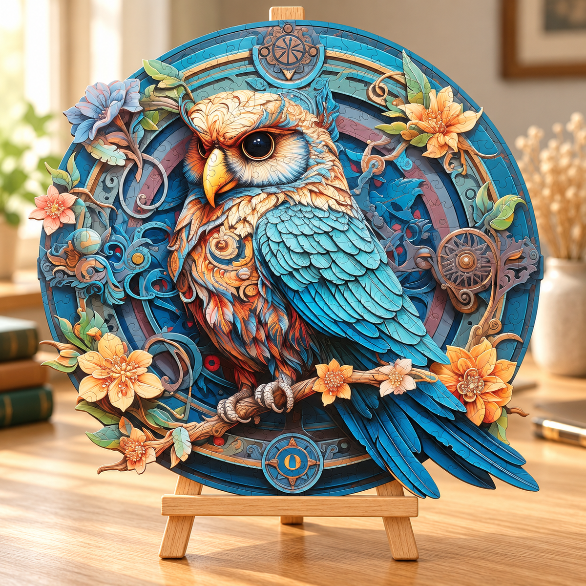Ornate Blue Owl Wooden Jigsaw Puzzle – Floral & Gear Artwork