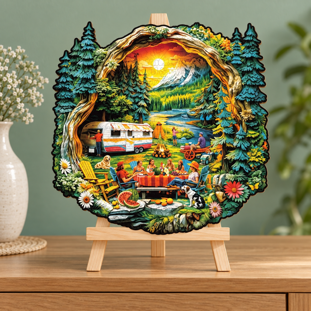 Lakeside Summer Camping Wooden Jigsaw Puzzle with 3D Visual Effect