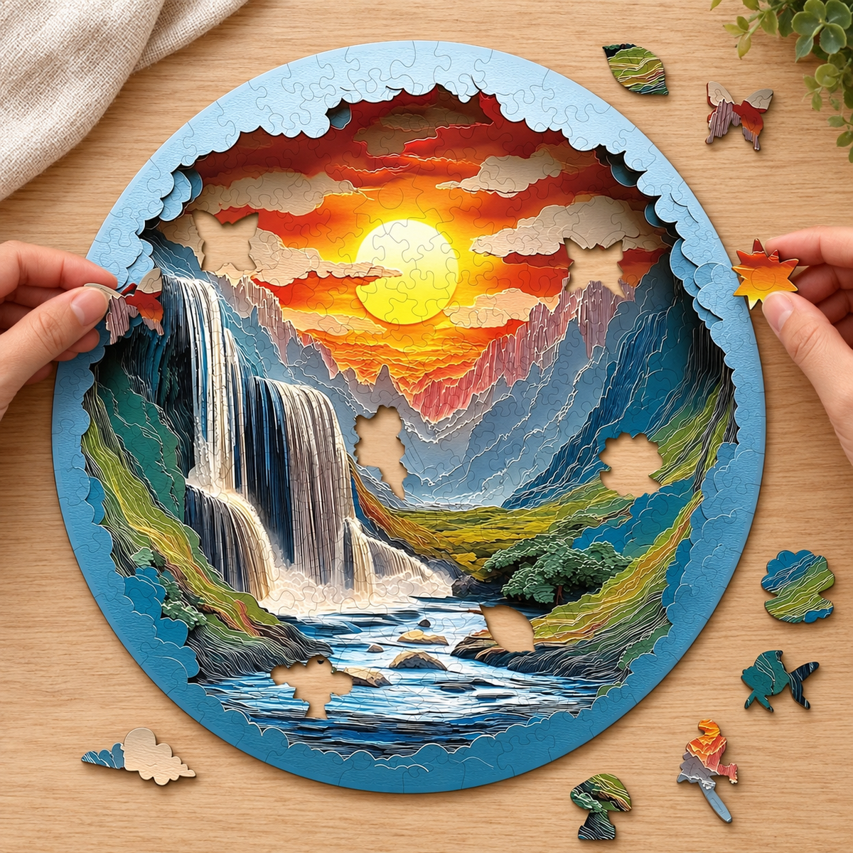Sunset Waterfall Canyon Wooden Jigsaw Puzzle with 3D Visual Effect