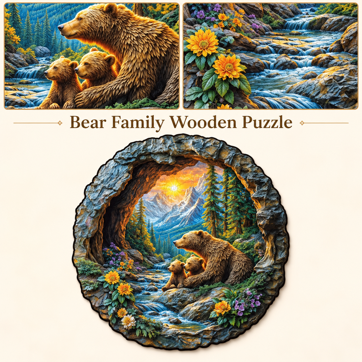 Bear Family by the Mountain Stream Wooden Jigsaw Puzzle with 3D Visual Effect