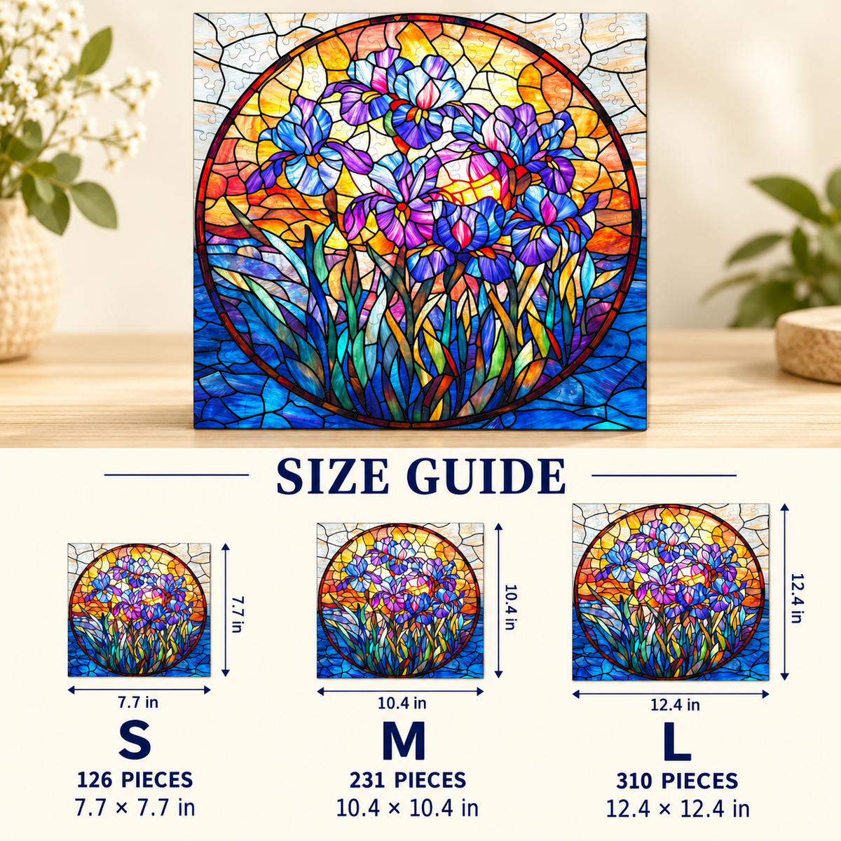 Twilight Iris Wooden Jigsaw Puzzle – Colorful Stained Glass Style Floral Art