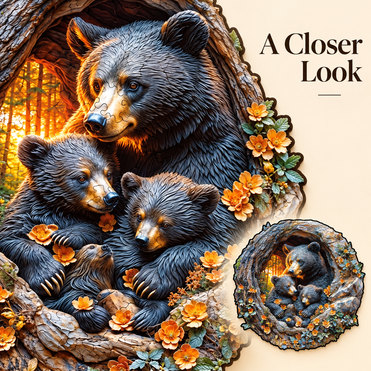 Bear Family in a Tree Hollow Wooden Jigsaw Puzzle with 3D Visual Effect