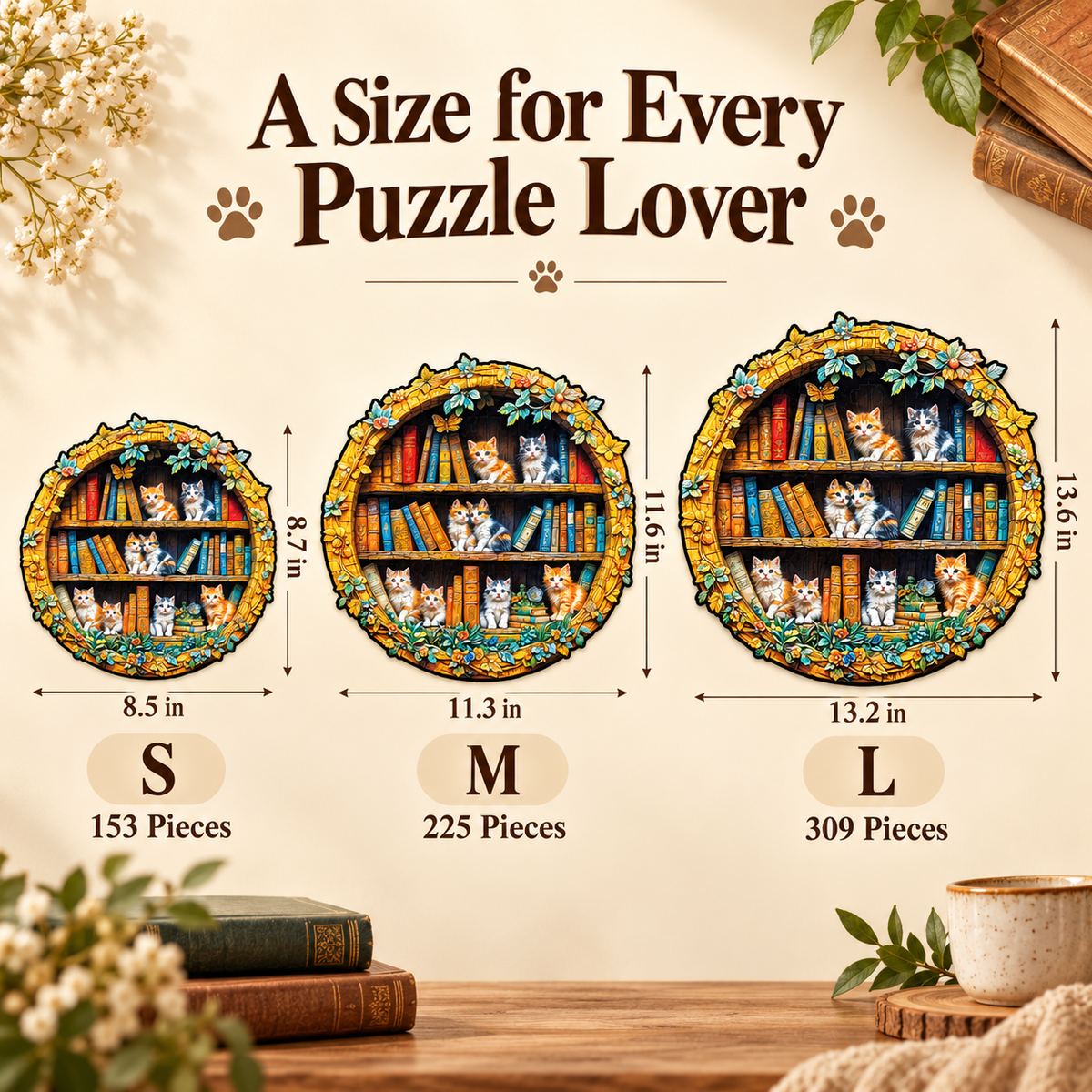 Cozy Bookshelf Kittens Wooden Jigsaw Puzzle with 3D Visual Effect