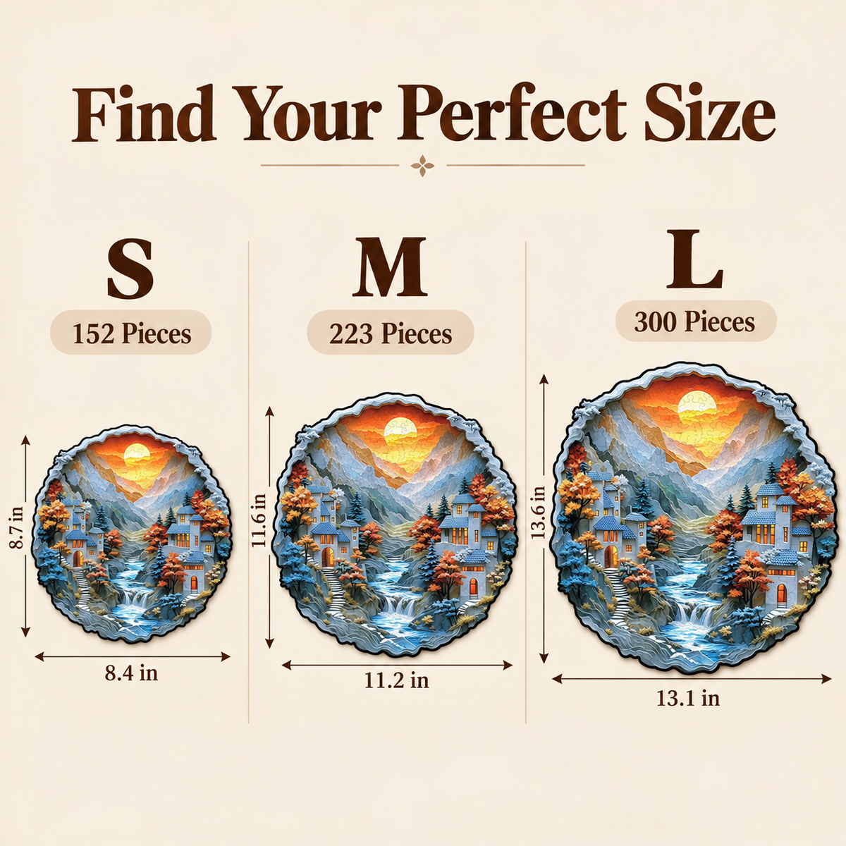 Sunset Mountain Cottages Wooden Jigsaw Puzzle with 3D Visual Effect