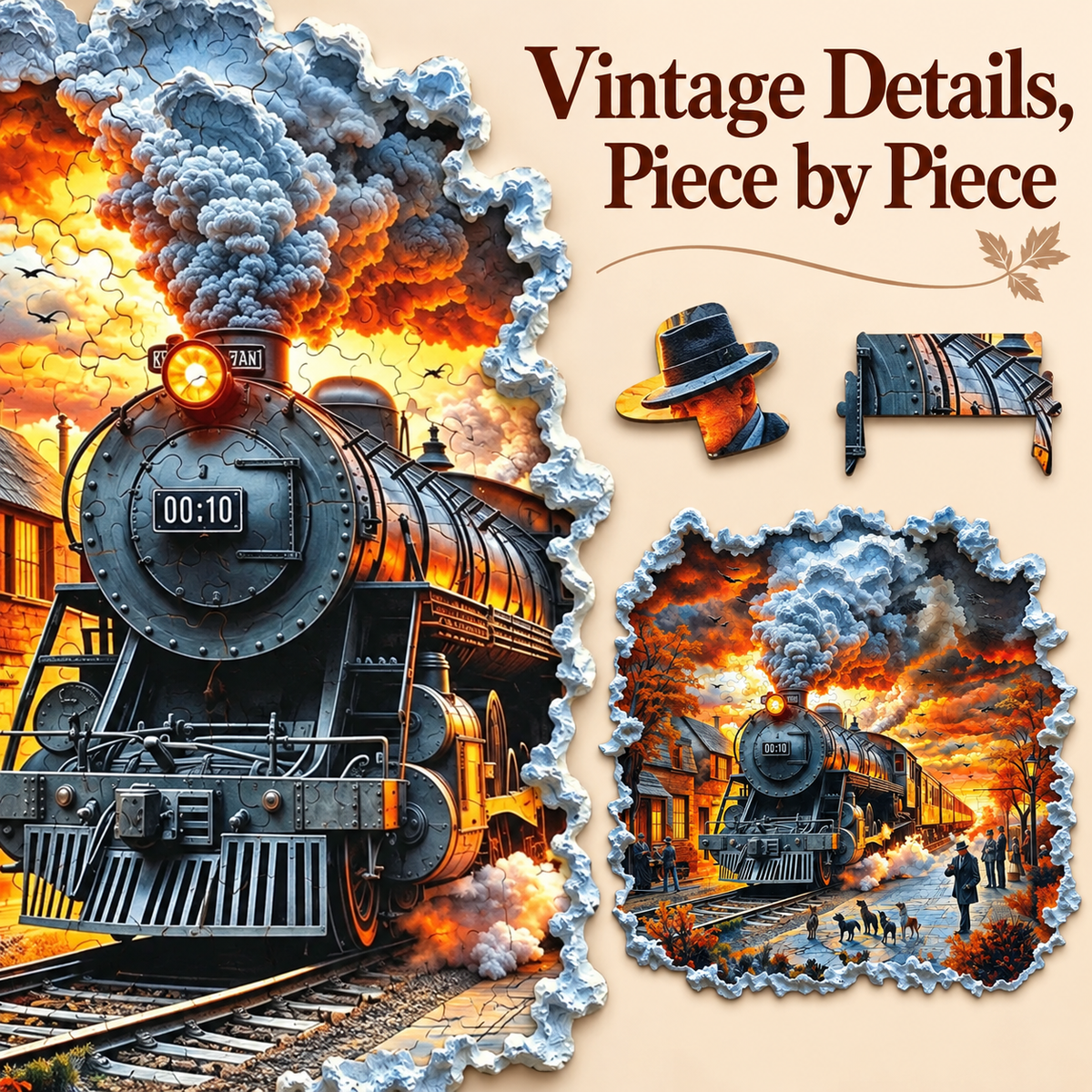 Vintage Steam Train at Sunset Wooden Jigsaw Puzzle with 3D Visual Effect