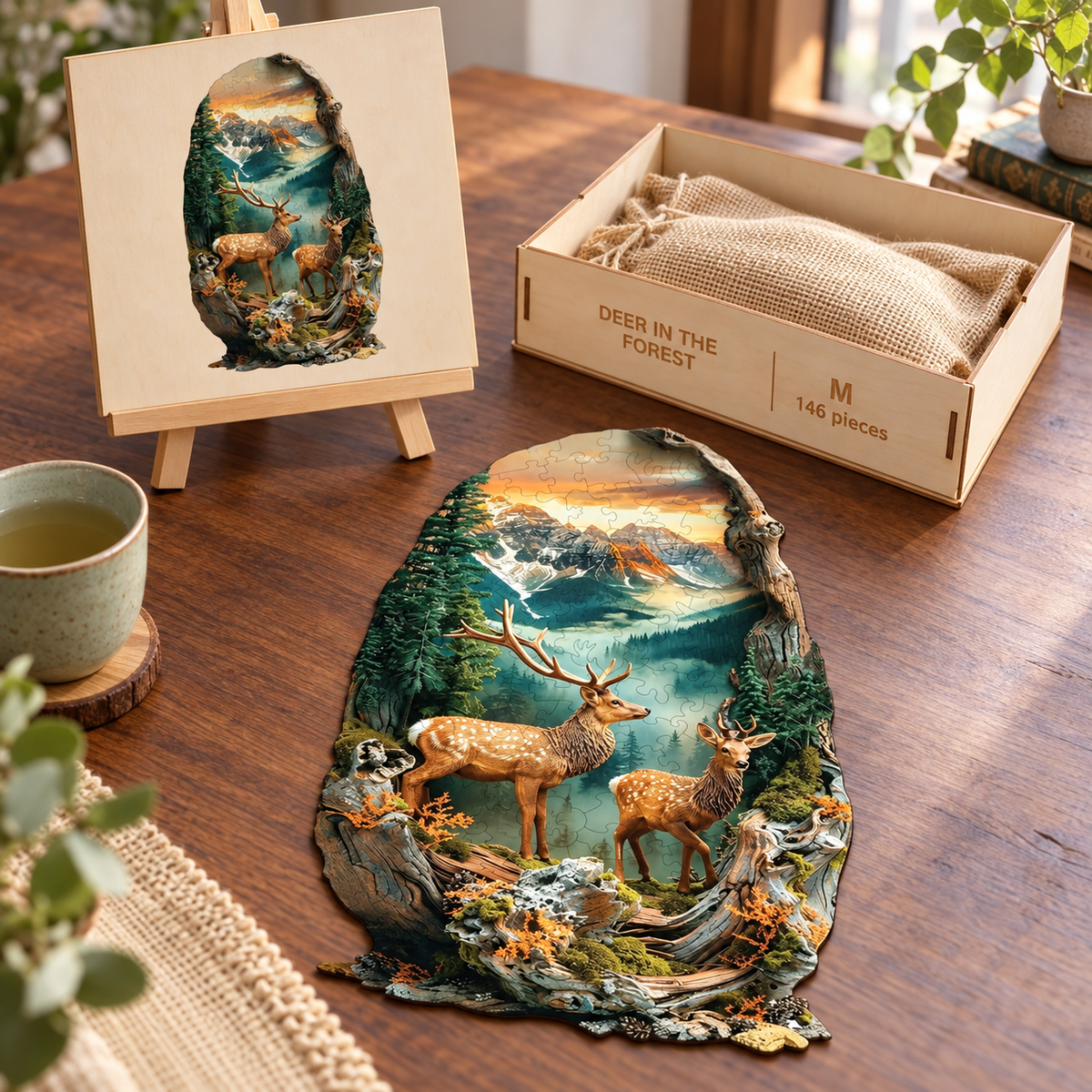 Alpine Deer Retreat Wooden Jigsaw Puzzle – Mountain Sunset & Woodland Wildlife