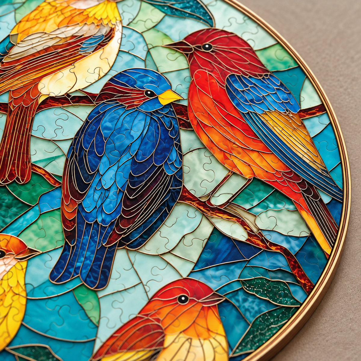 Songbirds in Color Wooden Jigsaw Puzzle – Round Stained Glass Style Bird Art