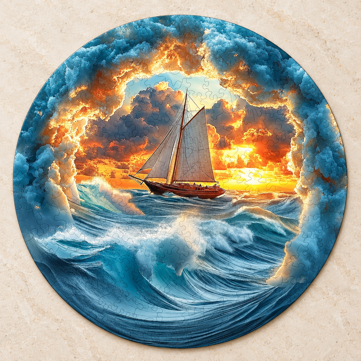 Sunset Voyage Round Wooden Jigsaw Puzzle