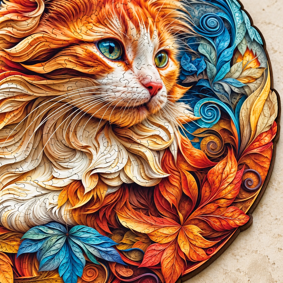 Amber Whiskers Wooden Jigsaw Puzzle – Ginger Kitten & Ornamental Leaf Art