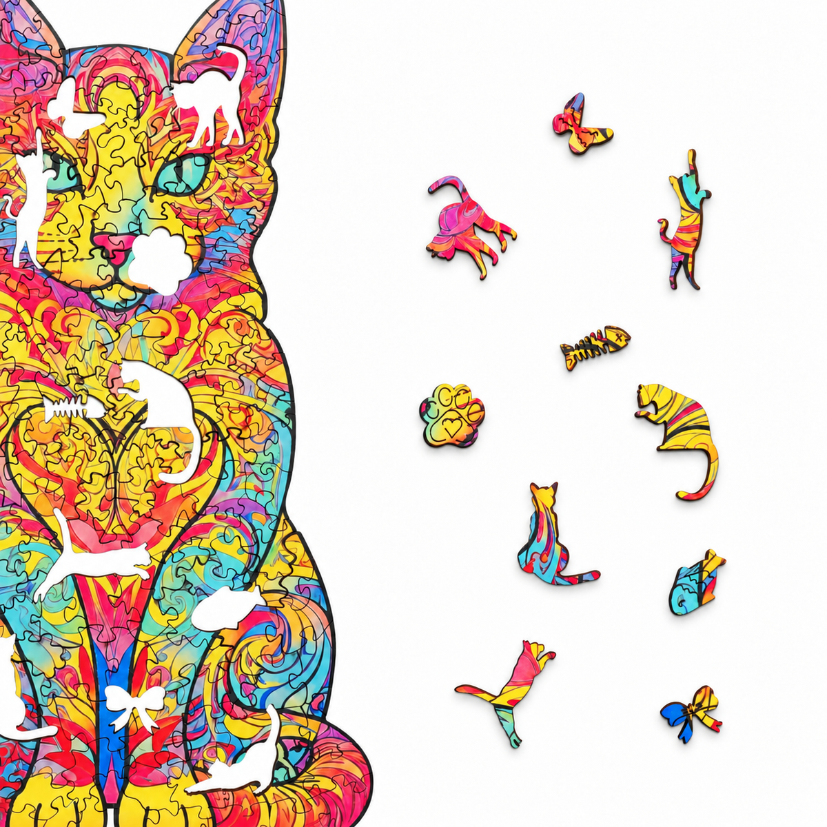 Rainbow Heart Cat Wooden Jigsaw Puzzle – Colorful Feline Art