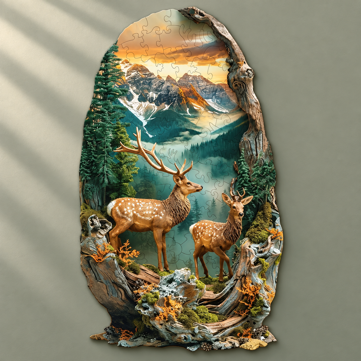 Alpine Deer Retreat Wooden Jigsaw Puzzle – Mountain Sunset & Woodland Wildlife