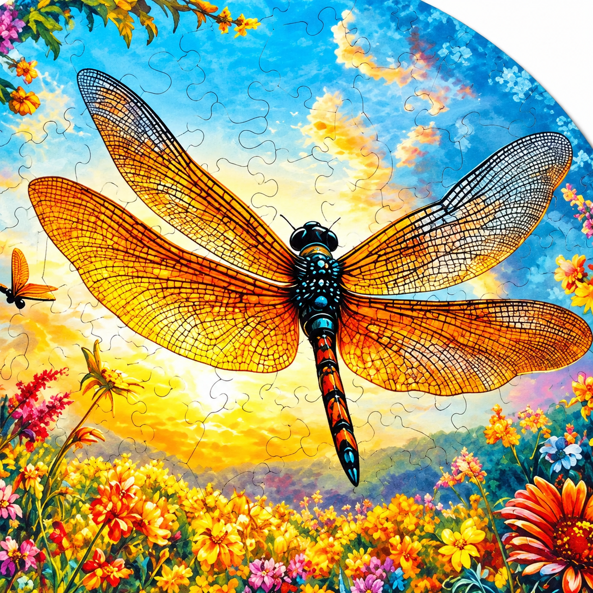 Golden Wings Garden Wooden Jigsaw Puzzle – Dragonfly & Wildflower Art