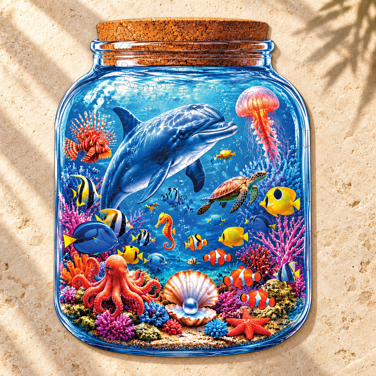 Ocean Treasures in a Jar Wooden Jigsaw Puzzle – Dolphin & Coral Reef Scene