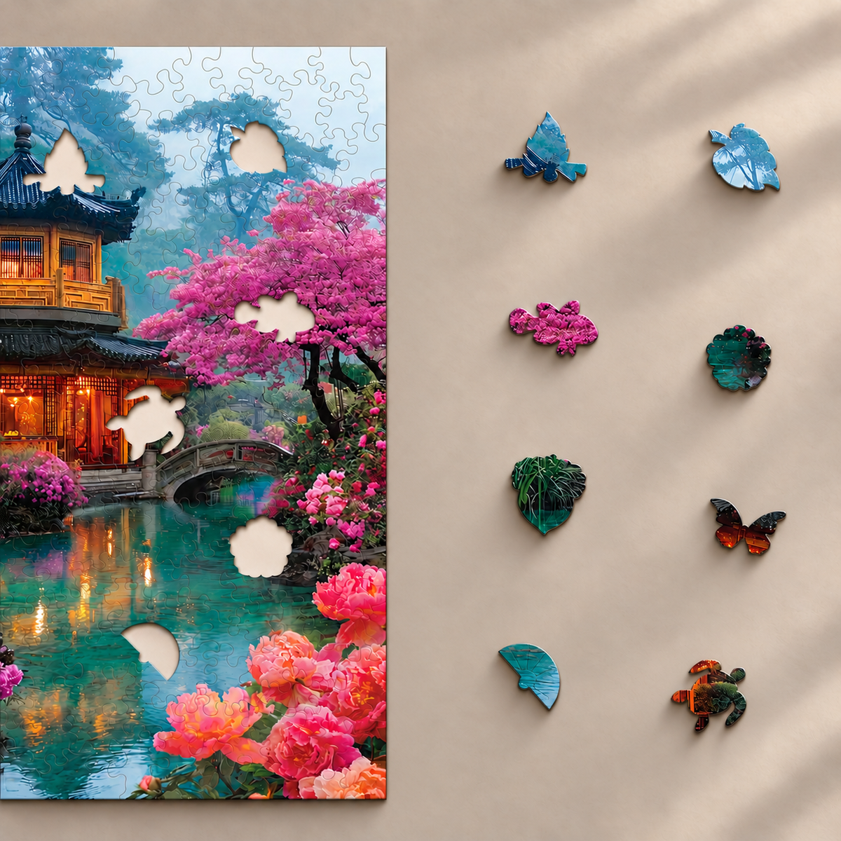 Blossom Stream Retreat Wooden Jigsaw Puzzle – Lantern Pavilion & Garden Bridge