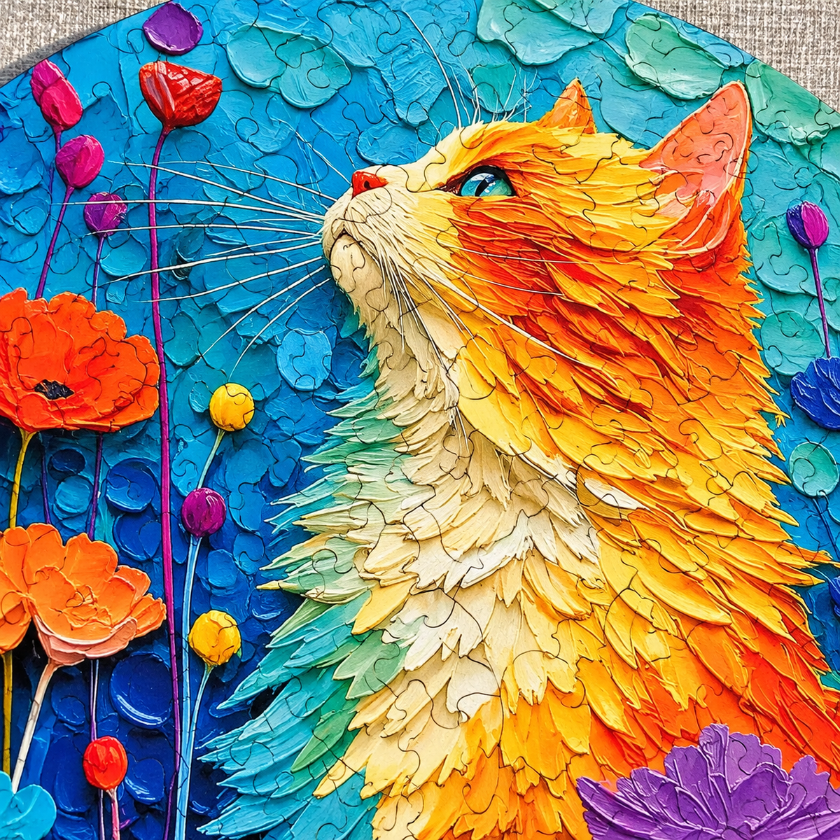 Wildflower Whiskers Wooden Jigsaw Puzzle – Colorful Cat & Floral Garden Art
