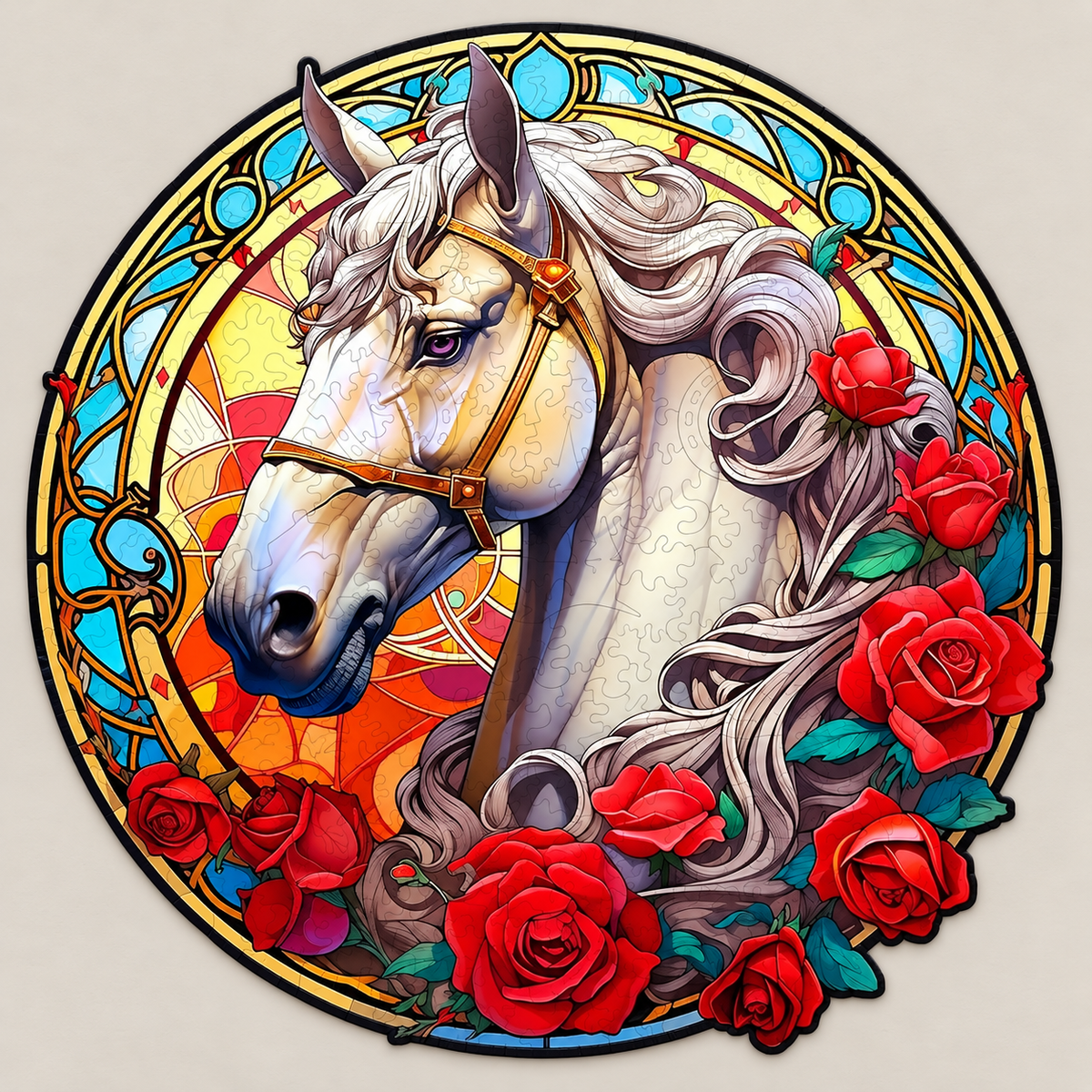 White Horse & Red Roses Wooden Jigsaw Puzzle – Stained Glass Style Portrait
