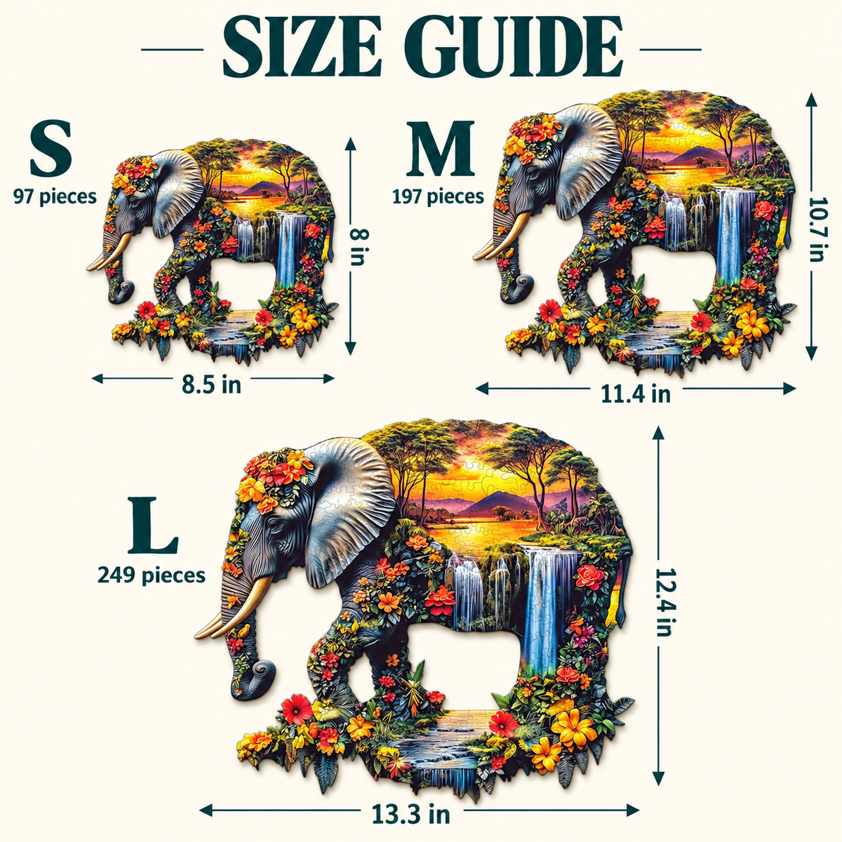 Sunset Elephant Oasis Wooden Jigsaw Puzzle – Waterfall & Floral Wildlife Art