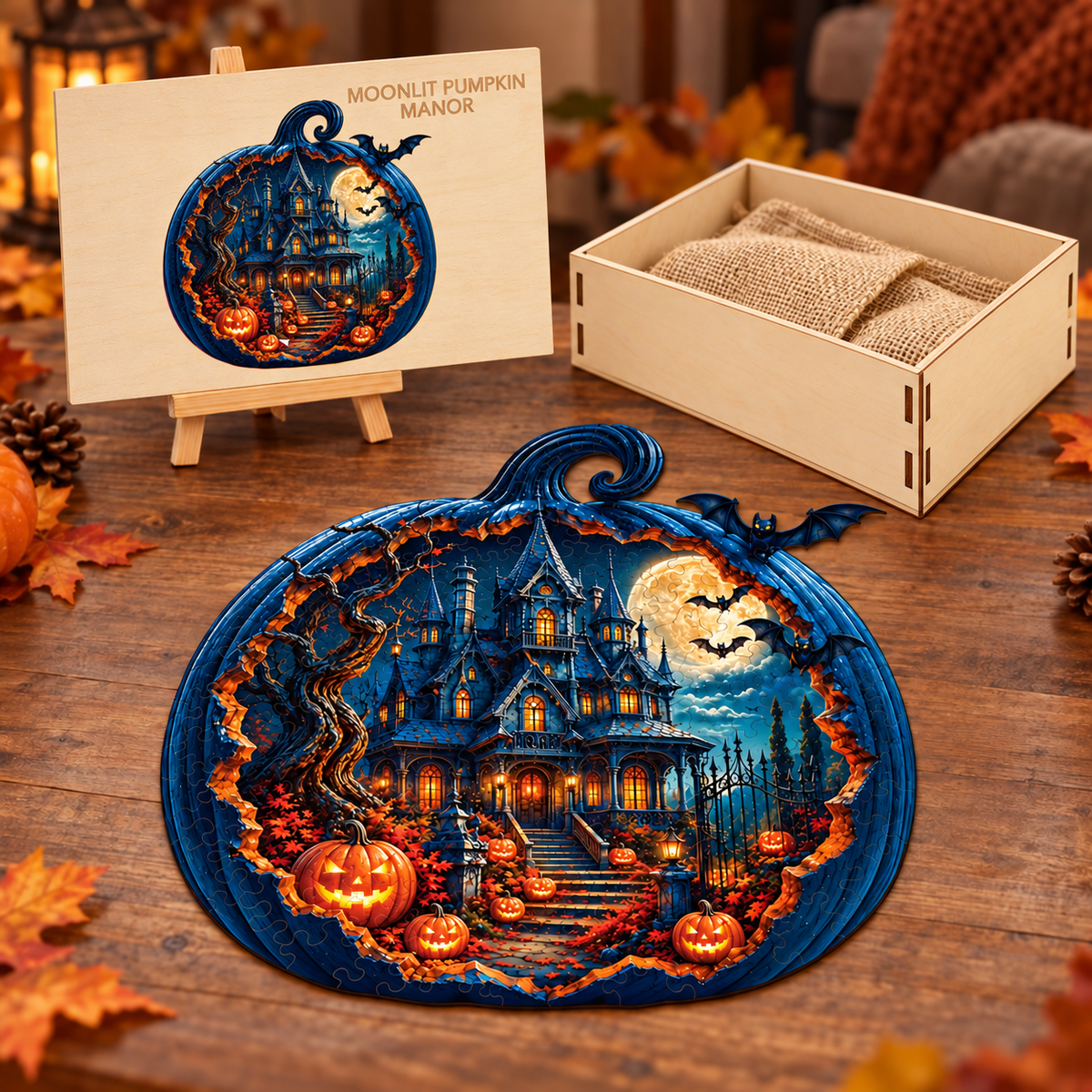 Haunted Harvest Manor Wooden Jigsaw Puzzle – Moonlit Halloween Scene