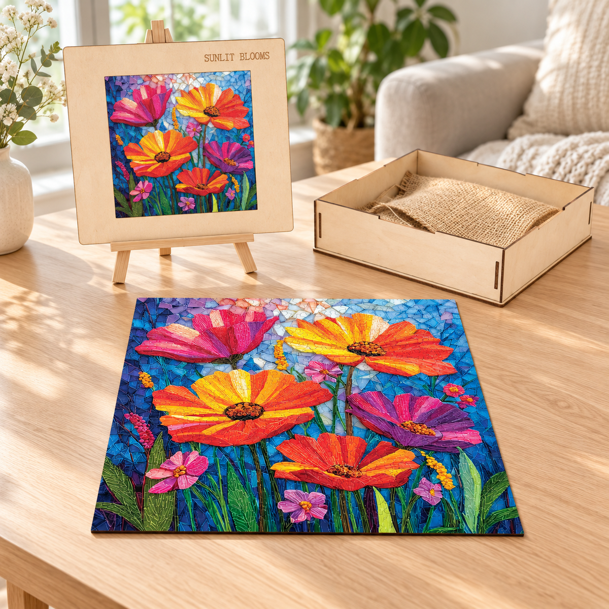 Mosaic Meadow Wooden Jigsaw Puzzle – Colorful Floral Glass Art
