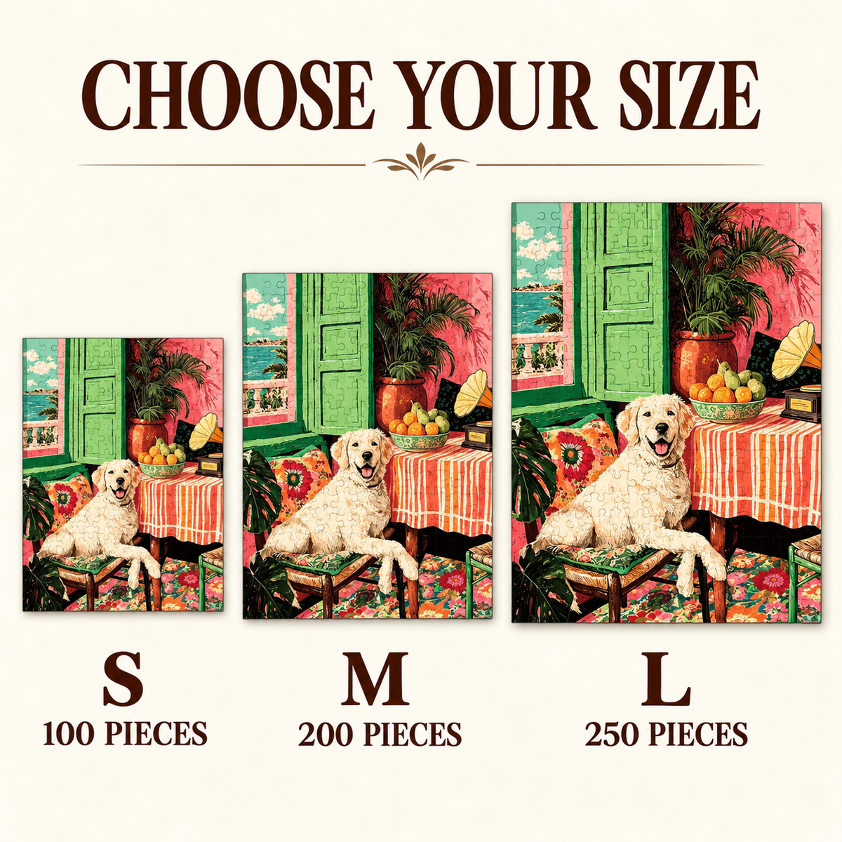 Coastal Golden Retreat Wooden Jigsaw Puzzle – Retriever & Colorful Seaside Room