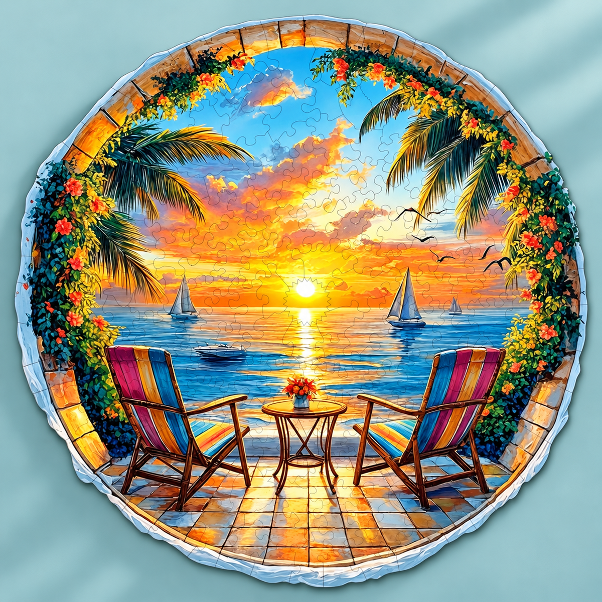 Golden Horizon Wooden Jigsaw Puzzle – Tropical Seaside Sunset & Sailboat Scene