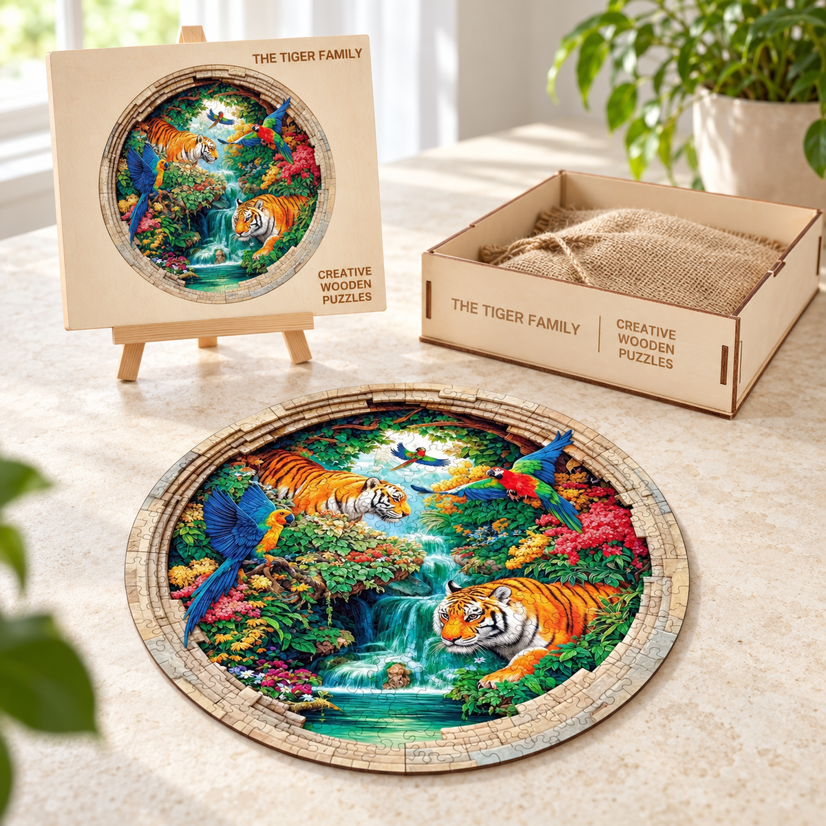 Hidden Jungle Falls Wooden Jigsaw Puzzle – Tigers & Tropical Parrots