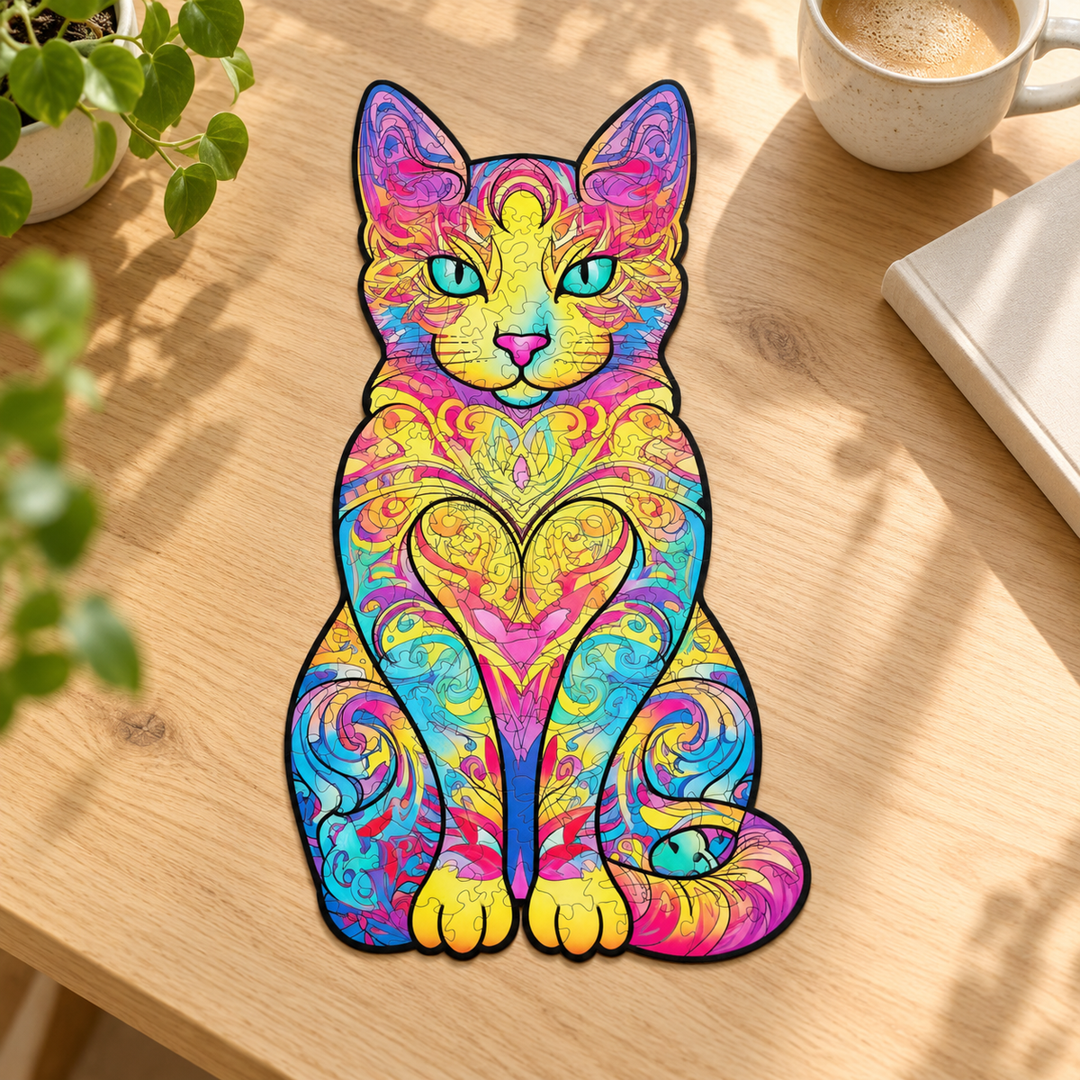 Rainbow Heart Cat Wooden Jigsaw Puzzle – Colorful Feline Art