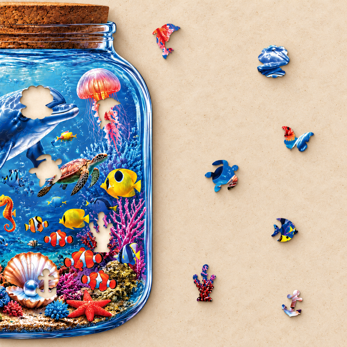 Ocean Treasures in a Jar Wooden Jigsaw Puzzle – Dolphin & Coral Reef Scene